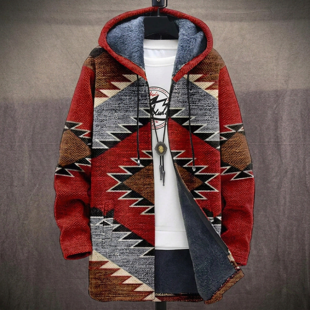 Vera red, gray and brown ethnic diamond print hooded jacket, front view