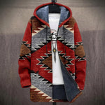 Vera red, gray and brown ethnic diamond print hooded jacket, front view