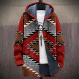 Vera red, gray and brown ethnic diamond print hooded jacket, front view